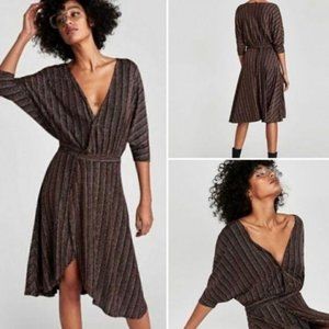 Zara Striped Sparkle Metallic Black Wrap Dress M